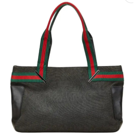 VTG Gucci Web Striped Sherry Line Denim Leather Tote Handbag Dark Blue/Green/Red - Picture 1 of 13